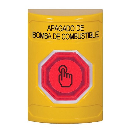 SS2207PS-ES STI Yellow No Cover Weather Resistant Momentary (Illuminated) with Red Lens Stopper Station with FUEL PUMP SHUT DOWN Label Spanish