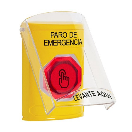 SS2226ES-ES STI Yellow Indoor Only Flush or Surface Momentary (Illuminated) with Red Lens Stopper Station with EMERGENCY STOP Label Spanish