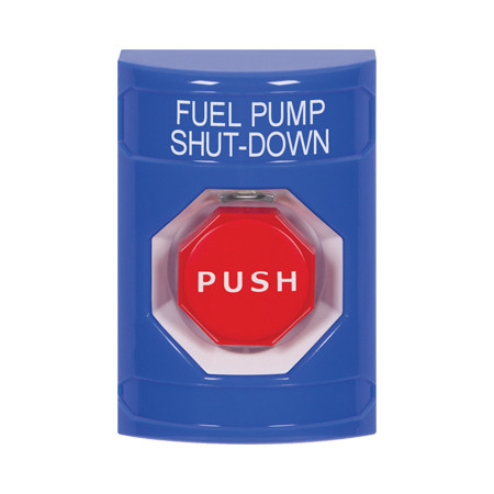 SS2402PS-EN STI Blue No Cover Key-to-Reset (Illuminated) Stopper Station with FUEL PUMP SHUT DOWN Label English
