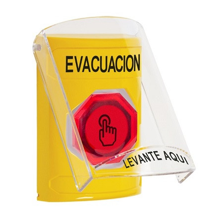 SS2227EV-ES STI Yellow Indoor Only Flush or Surface Weather Resistant Momentary (Illuminated) with Red Lens Stopper Station with EVACUATION Label Spanish