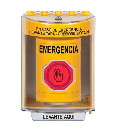 SS2287EM-ES STI Yellow Indoor/Outdoor Surface w/ Horn Weather Resistant Momentary (Illuminated) with Red Lens Stopper Station with EMERGENCY Label Spanish
