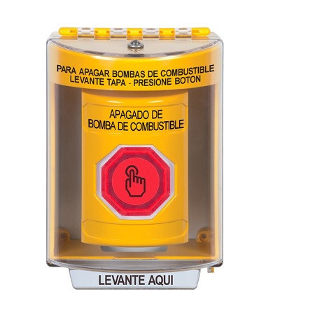 SS2287PS-ES STI Yellow Indoor/Outdoor Surface w/ Horn Weather Resistant Momentary (Illuminated) with Red Lens Stopper Station with FUEL PUMP SHUT DOWN Label Spanish