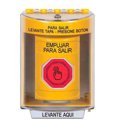 SS2287PX-ES STI Yellow Indoor/Outdoor Surface w/ Horn Weather Resistant Momentary (Illuminated) with Red Lens Stopper Station with PUSH TO EXIT Label Spanish