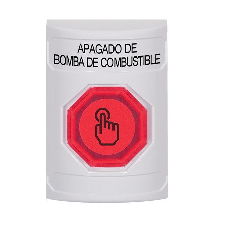 SS2307PS-ES STI White No Cover Weather Resistant Momentary (Illuminated) with Red Lens Stopper Station with FUEL PUMP SHUT DOWN Label Spanish