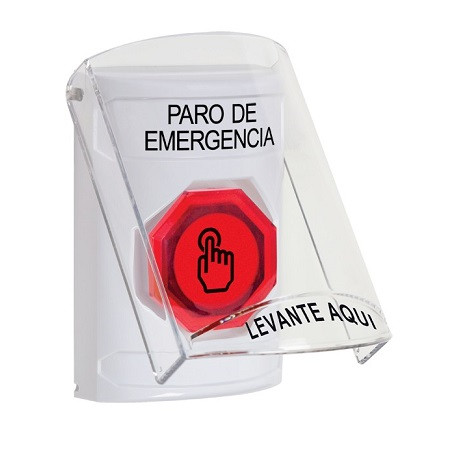 SS2327ES-ES STI White Indoor Only Flush or Surface Weather Resistant Momentary (Illuminated) with Red Lens Stopper Station with EMERGENCY STOP Label Spanish