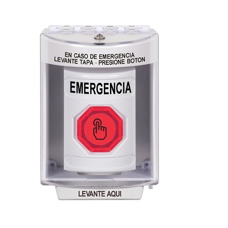 SS2377EM-ES STI White Indoor/Outdoor Surface Weather Resistant Momentary (Illuminated) with Red Lens Stopper Station with EMERGENCY Label Spanish