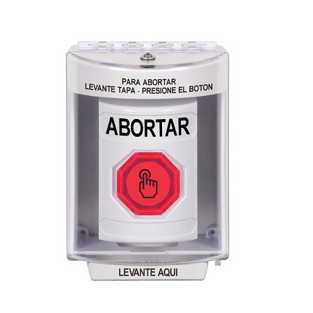 SS2387AB-ES STI White Indoor/Outdoor Surface w/ Horn Weather Resistant Momentary (Illuminated) with Red Lens Stopper Station with ABORT Label Spanish