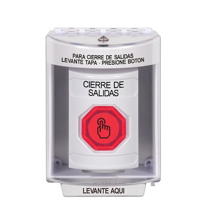 SS2387LD-ES STI White Indoor/Outdoor Surface w/ Horn Weather Resistant Momentary (Illuminated) with Red Lens Stopper Station with LOCKDOWN Label Spanish