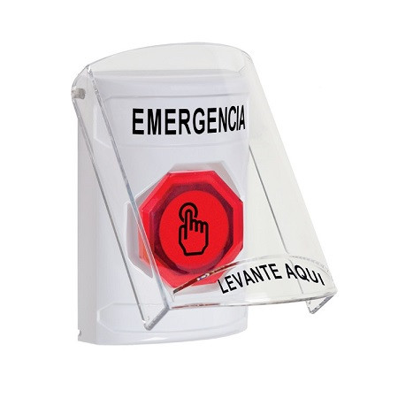 SS23A7EM-ES STI White Indoor Only Flush or Surface w/ Horn Weather Resistant Momentary (Illuminated) with Red Lens Stopper Station with EMERGENCY Label Spanish