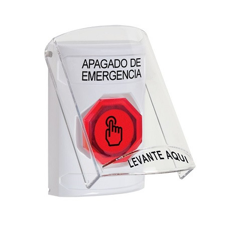 SS23A7PO-ES STI White Indoor Only Flush or Surface w/ Horn Weather Resistant Momentary (Illuminated) with Red Lens Stopper Station with EMERGENCY POWER OFF Label Spanish
