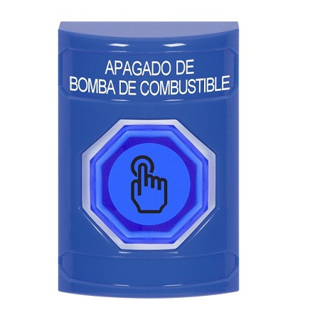 SS2406PS-ES STI Blue No Cover Momentary (Illuminated) with Blue Lens Stopper Station with FUEL PUMP SHUT DOWN Label Spanish