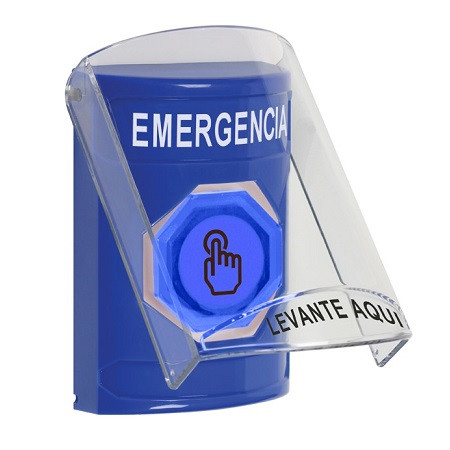 SS2426EM-ES STI Blue Indoor Only Flush or Surface Momentary (Illuminated) with Blue Lens Stopper Station with EMERGENCY Label Spanish