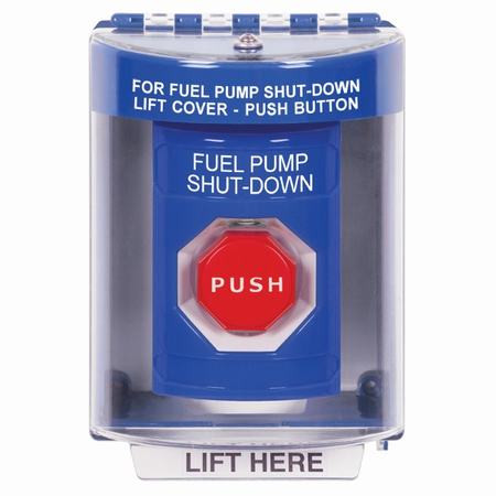 SS2485PS-EN STI Blue Indoor/Outdoor Surface w/ Horn Momentary (Illuminated) Stopper Station with FUEL PUMP SHUT DOWN Label English