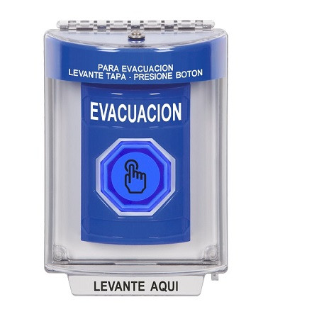 SS2437EV-ES STI Blue Indoor/Outdoor Flush Weather Resistant Momentary (Illuminated) with Blue Lens Stopper Station with EVACUATION Label Spanish