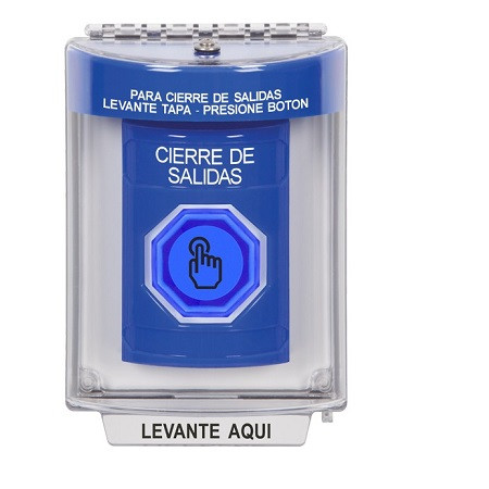 SS2437LD-ES STI Blue Indoor/Outdoor Flush Weather Resistant Momentary (Illuminated) with Blue Lens Stopper Station with LOCKDOWN Label Spanish
