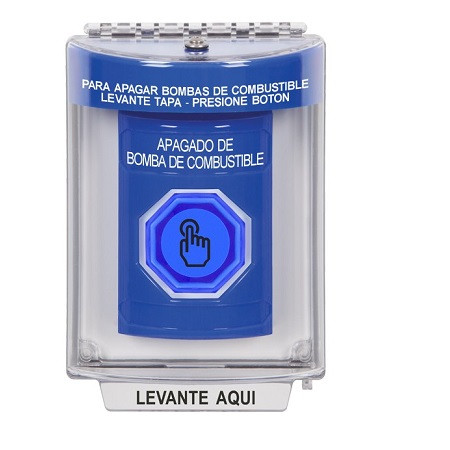 SS2437PS-ES STI Blue Indoor/Outdoor Flush Weather Resistant Momentary (Illuminated) with Blue Lens Stopper Station with FUEL PUMP SHUT DOWN Label Spanish