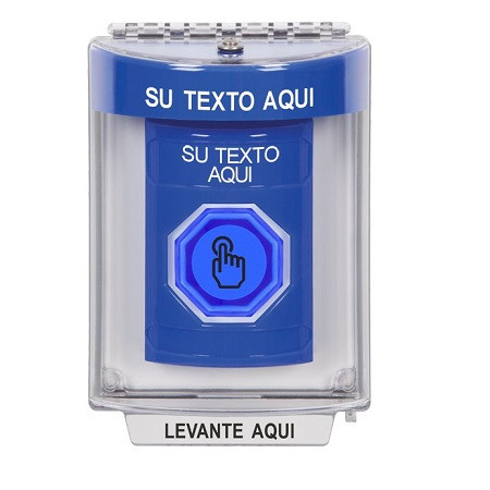 SS2447ZA-ES STI Blue Indoor/Outdoor Flush w/ Horn Weather Resistant Momentary (Illuminated) with Blue Lens Stopper Station with Non-Returnable Custom Text Label Spanish