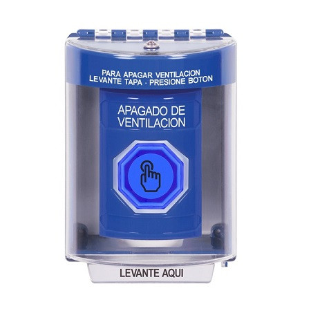 SS2476HV-ES STI Blue Indoor/Outdoor Surface Momentary (Illuminated) with Blue Lens Stopper Station with HVAC SHUT DOWN Label Spanish