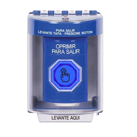 SS2486PX-ES STI Blue Indoor/Outdoor Surface w/ Horn Momentary (Illuminated) with Blue Lens Stopper Station with PUSH TO EXIT Label Spanish