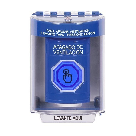 SS2487HV-ES STI Blue Indoor/Outdoor Surface w/ Horn Weather Resistant Momentary (Illuminated) with Blue Lens Stopper Station with HVAC SHUT DOWN Label Spanish