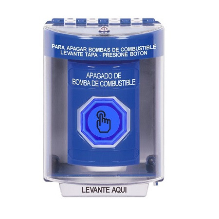 SS2487PS-ES STI Blue Indoor/Outdoor Surface w/ Horn Weather Resistant Momentary (Illuminated) with Blue Lens Stopper Station with FUEL PUMP SHUT DOWN Label Spanish