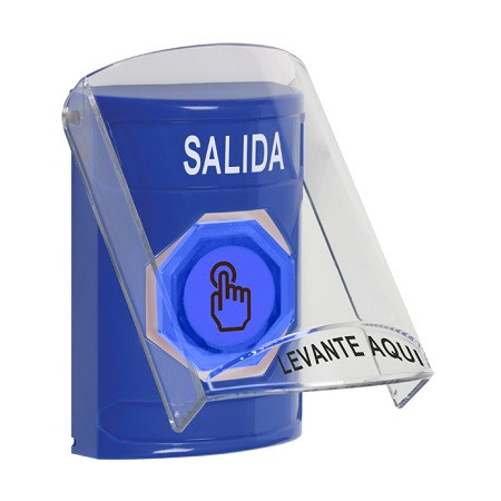 SS24A6XT-ES STI Blue Indoor Only Flush or Surface w/ Horn Momentary (Illuminated) with Blue Lens Stopper Station with EXIT Label Spanish