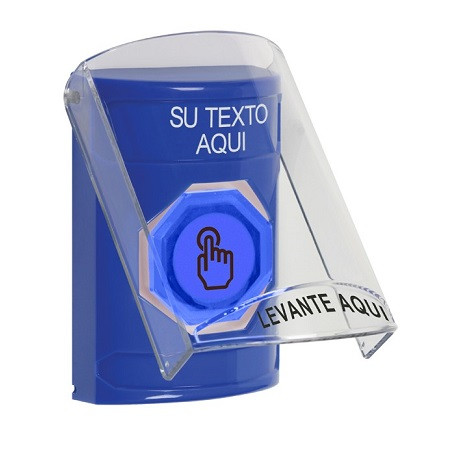 SS24A7ZA-ES STI Blue Indoor Only Flush or Surface w/ Horn Weather Resistant Momentary (Illuminated) with Blue Lens Stopper Station with Non-Returnable Custom Text Label Spanish