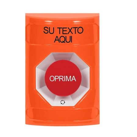 SS2501ZA-ES STI Orange No Cover Turn-to-Reset Stopper Station with Non-Returnable Custom Text Label Spanish