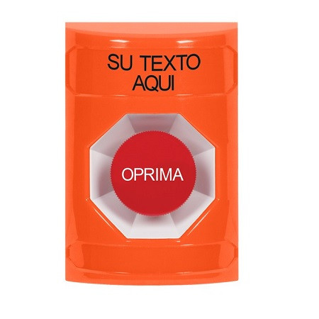 SS2504ZA-ES STI Orange No Cover Momentary Stopper Station with Non-Returnable Custom Text Label Spanish