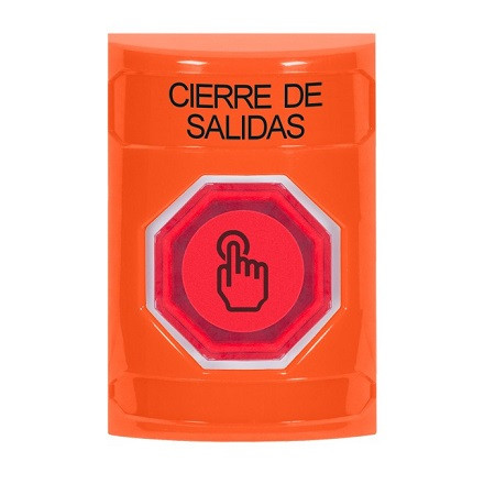 SS2506LD-ES STI Orange No Cover Momentary (Illuminated) with Red Lens Stopper Station with LOCKDOWN Label Spanish