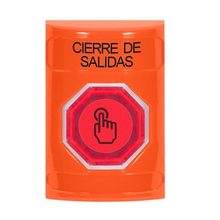 SS2507LD-ES STI Orange No Cover Weather Resistant Momentary (Illuminated) with Red Lens Stopper Station with LOCKDOWN Label Spanish