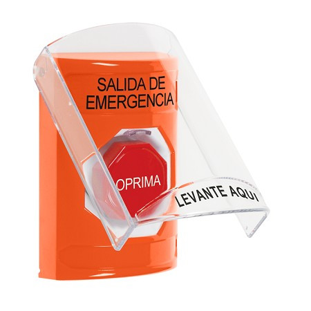 SS2525EX-ES STI Orange Indoor Only Flush or Surface Momentary (Illuminated) Stopper Station with EMERGENCY EXIT Label Spanish