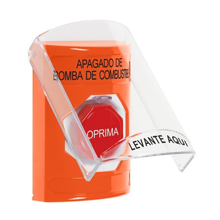 SS2525PS-ES STI Orange Indoor Only Flush or Surface Momentary (Illuminated) Stopper Station with FUEL PUMP SHUT DOWN Label Spanish
