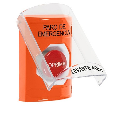 SS25A4ES-ES STI Orange Indoor Only Flush or Surface w/ Horn Momentary Stopper Station with EMERGENCY STOP Label Spanish