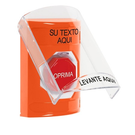 SS25A5ZA-ES STI Orange Indoor Only Flush or Surface w/ Horn Momentary (Illuminated) Stopper Station with Non-Returnable Custom Text Label Spanish