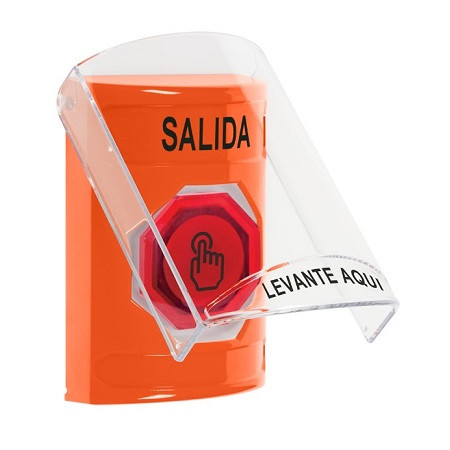 SS25A7XT-ES STI Orange Indoor Only Flush or Surface w/ Horn Weather Resistant Momentary (Illuminated) with Red Lens Stopper Station with EXIT Label Spanish