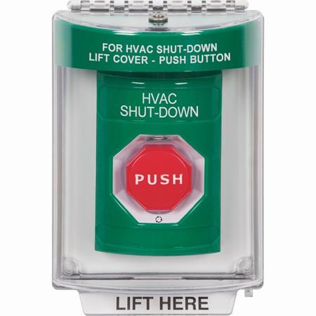 SS2139HV-EN STI Green Indoor/Outdoor Flush Turn-to-Reset (Illuminated) Stopper Station with HVAC SHUT DOWN Label English