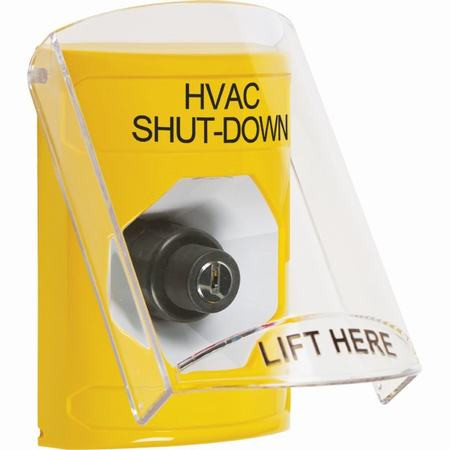 SS2223HV-EN STI Yellow Indoor Only Flush or Surface Key-to-Activate Stopper Station with HVAC SHUT DOWN Label English
