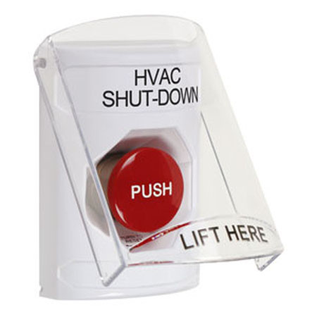SS2321HV-EN STI White Indoor Only Flush or Surface Turn-to-Reset Stopper Station with HVAC SHUT DOWN Label English