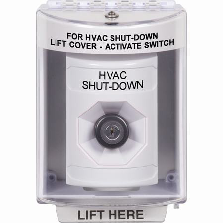 SS2373HV-EN STI White Indoor/Outdoor Surface Key-to-Activate Stopper Station with HVAC SHUT DOWN Label English