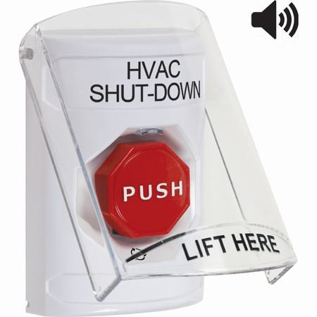 SS23A9HV-EN STI White Indoor Only Flush or Surface w/ Horn Turn-to-Reset (Illuminated) Stopper Station with HVAC SHUT DOWN Label English