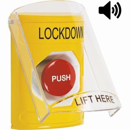 SS22A4LD-EN STI Yellow Indoor Only Flush or Surface w/ Horn Momentary Stopper Station with LOCKDOWN Label English