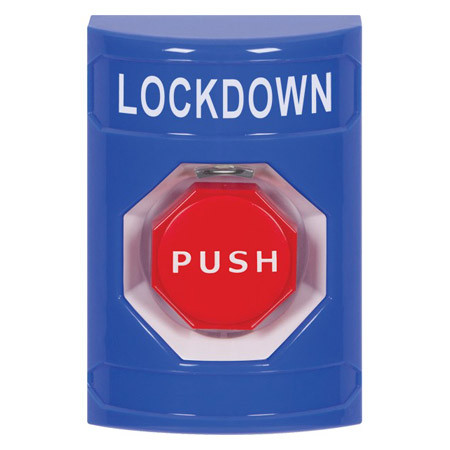 SS2405LD-EN STI Blue No Cover Momentary (Illuminated) Stopper Station with LOCKDOWN Label English
