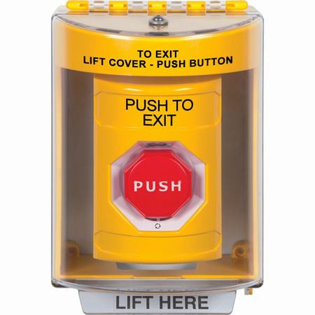 SS2279PX-EN STI Yellow Indoor/Outdoor Surface Turn-to-Reset (Illuminated) Stopper Station with PUSH TO EXIT Label English
