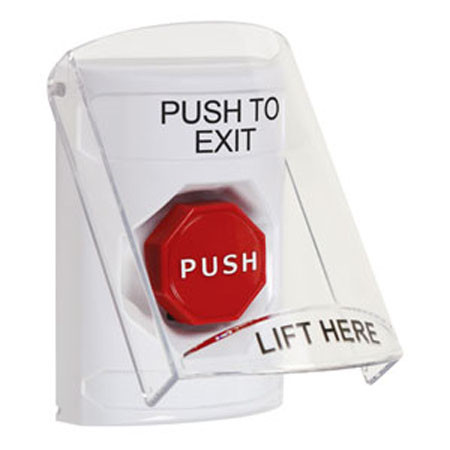 SS2328PX-EN STI White Indoor Only Flush or Surface Pneumatic (Illuminated) Stopper Station with PUSH TO EXIT Label English