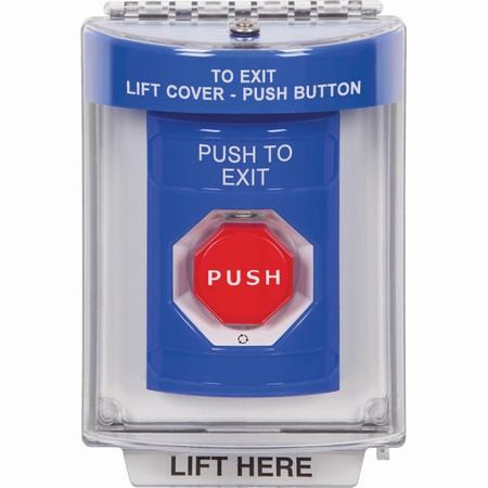 SS2439PX-EN STI Blue Indoor/Outdoor Flush Turn-to-Reset (Illuminated) Stopper Station with PUSH TO EXIT Label English