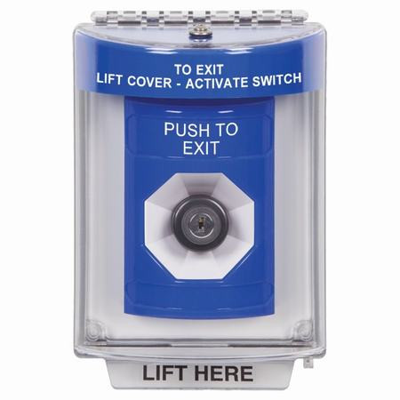 SS2443PX-EN STI Blue Indoor/Outdoor Flush w/ Horn Key-to-Activate Stopper Station with PUSH TO EXIT Label English