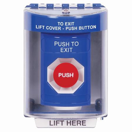 SS2474PX-EN STI Blue Indoor/Outdoor Surface Momentary Stopper Station with PUSH TO EXIT Label English