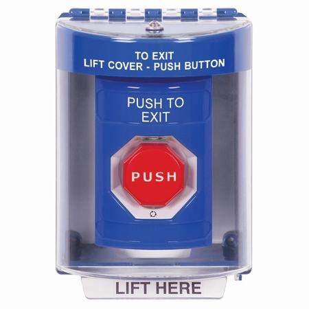 SS2489PX-EN STI Blue Indoor/Outdoor Surface w/ Horn Turn-to-Reset (Illuminated) Stopper Station with PUSH TO EXIT Label English