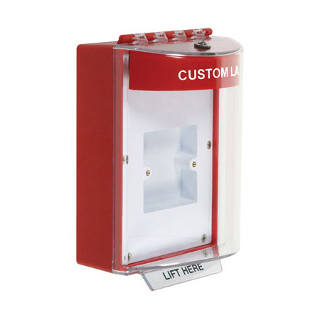 STI-13810CR STI Universal Stopper Dome Cover Enclosed Back Box, European Sealed Mounting Plate and Hood - Custom Label - Red - Non-Returnable